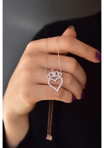 Papatya Silver 925 Ayar Gümüş Rose Kaplama Zirkon Taşlı Kalpli Kralıçe Tacı Kolye