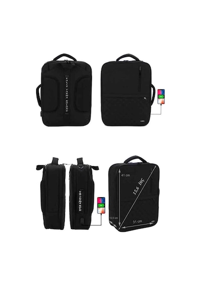 Case Club 1407 Laptop Sırt El Ve Omuz Çantası 15,6 İnç Usb Aparatlı Omuz Askılı Su Geçirmez Kumaş Siyah