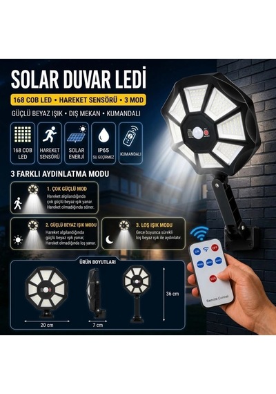 168b Solar Led Büyük Dış Mekân Lambası, Hareket Sensörlü, Kumandalı, 3 Modlu Ultra Parlak Cob Işık, Çok Renkli