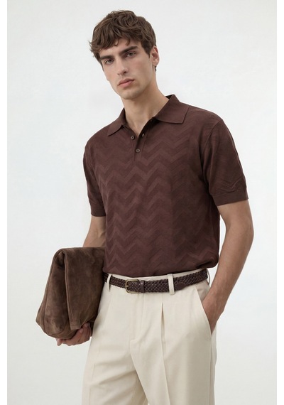 Antioch Zigzag Desenli Polo Yaka Triko Erkek T-shirt Kahverengi