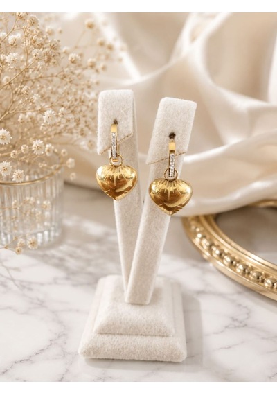 Cm Jewelry Zirkon Taşlı Bombe Kalp Gold Çelik Küpe Altın
