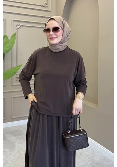 Balenbi Kadın Modal Kumaş Rahat Kalıp Lastikli Bel Etekli Tesettür Takım 1221 - Premium Seri Kahverengi Balenbi Kadın Modal Kumaş Rahat Kalıp Lastikli Bel Etekli Tesettür Takım 1221 - Premium Seri Kahverengi