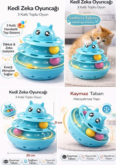 Hacıyatmaz Kedi Oyuncağı 3 Katlı Toplu Zeka Oyuncağı 20x21 Cm - Devrilmez Interaktif Oyuncağı