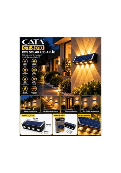 Ct-8010 20w Kos Solar Led Aplik 3200k Gün Işığı Ip65 Dış Mekan Bahçe Aydınlatma