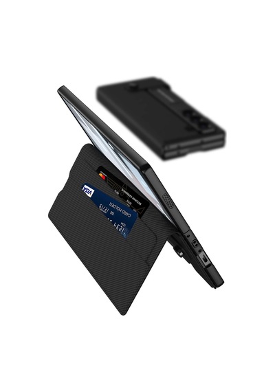 Samsung Galaxy Z Fold 6 İle Uyumlu Kılıfı Kartlıklı Kamera Lens Korumalı Suni Deri Tasarımlı Kalem Bölmeli Standlı İnce Kapak Kıpta Siyah