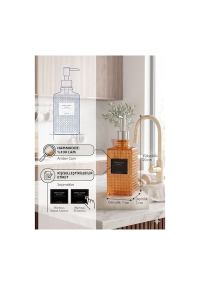 Premium Kare Desenli Silver Pompalı Cam Sıvı Sabunluk 500ml - 23 X 7 X 7 Cm Turuncu