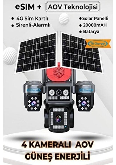 4 Kameralı E-sım Güneş Enerjili Güvenlik Kamerası Çift Güneş Paneli, Sım Kartlı Aov Akıllı Kamera