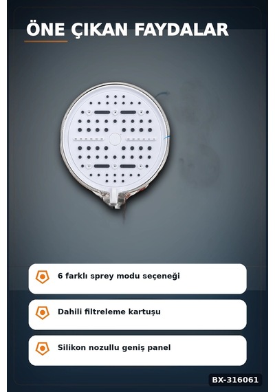 Filtreli Duş Başlığı 6 Su Modlu Geniş Panelli Silikon Nozullu Beyaz Gövde Bx-316061 Diğer