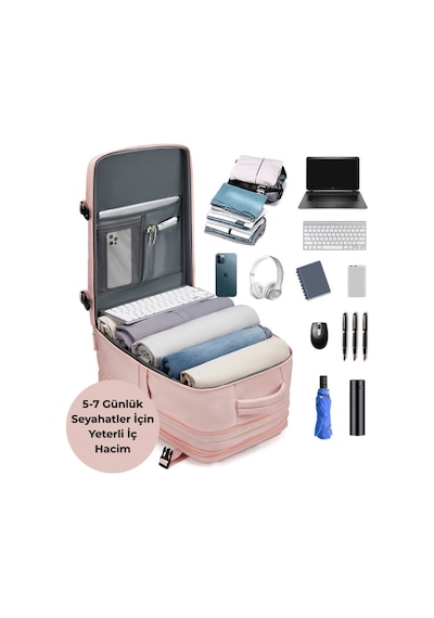 Su Geçirmez 16" İnç 39l Ayakkabı Bölmeli Seyahat Sırt Çantası - Laptop Bölmeli, Usb Şarj Girişli Pembe