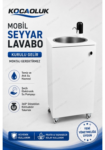 Yeni Yönetmeliğe Uygun Model Seyyar Lavabo Tekerlekli Mobil Lavabo Şarjlı Musluklu 10+10 L Hazneli Kurulu Beyaz