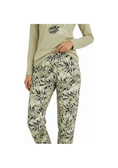 Üstü Yazılı Altı Yaprak Desenli Elite Viscose Pijama Takımı Uzun Yeşil 3559 Yeşil