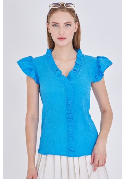 Armonika Kadın Mavi Yakası Ve Kolları Fırfırlı Bluz Arm-25y001063 Armonika Kadın Mavi Yakası Ve Kolları Fırfırlı Bluz Arm-25y001063