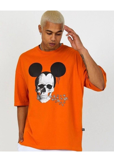 Flood Of Style Erkek Turuncu Kuru Kafa Mouse Baskılı Oversize Bisiklet Yaka Tişört