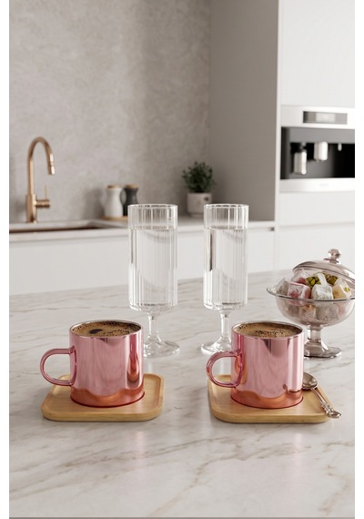 4 Parça 2 Kişilik Bambu Altlıklı Metalik Pembe Cam Kahve Fincan Takımı 100 Ml