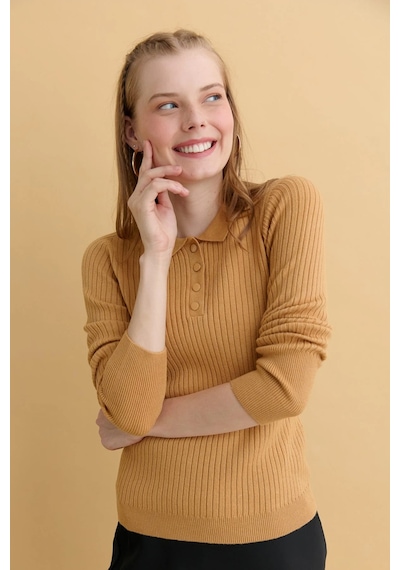 Desen Triko Kadın Polo Yaka Dikişsiz Kazak 24182 Camel Camel