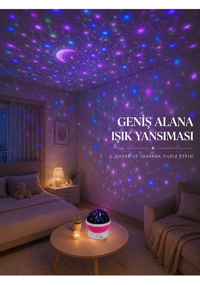 Yıldızlı Gökyüzü Projektörü Pembe Renkli Döner Çocuk Odası Gece Lambası Diğer