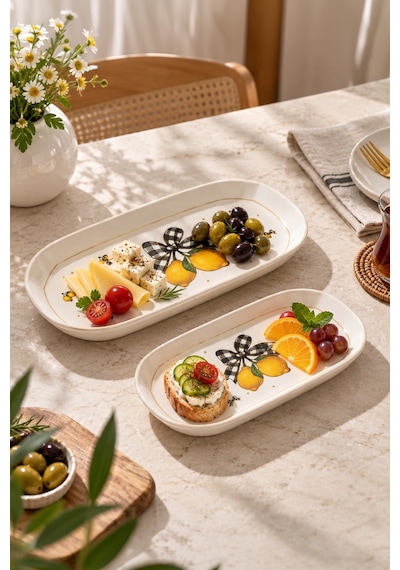 Porsima Lemon Porselen 2li Kayık Tabak Seti - Oval Kahvaltılık Sunumluk Seti Beyaz