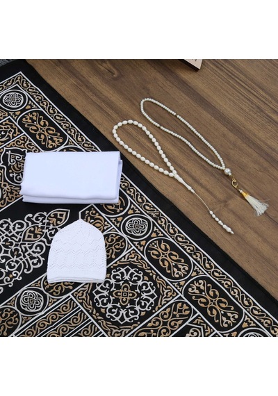 Hediyelik Kabe Kapısı Seccade, Şal, İnci Tesbih, Kemik Tesbih, Asetat Kutulu 26 23 Cm 460 Gr Set Çok Renkli
