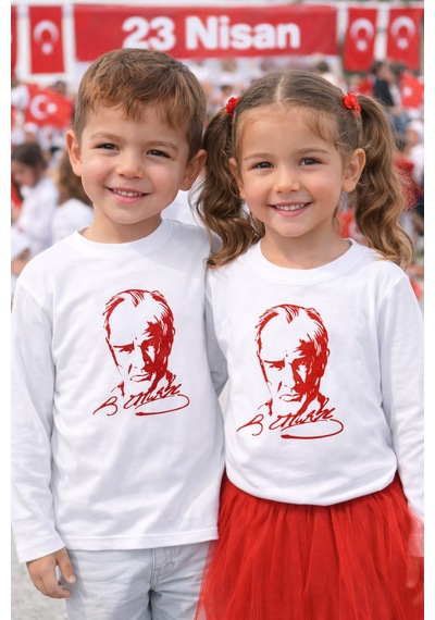 Herşey Nota Atatürk İmza Baskılı Uzun Kollu Beyaz Çocuk Tişört 23 Nisan Okul Gösterisi 3-14 Yaş