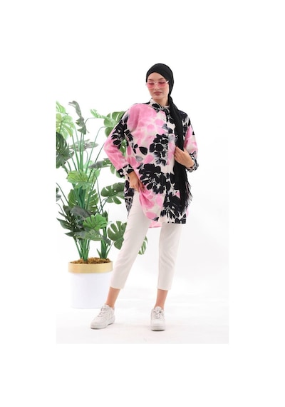 Polologin Butik Yeni Sezon Viskon Kumaş Çiçekli Tunik - Tesettür Giyim Pembe