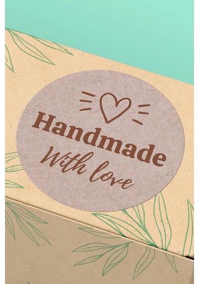 Kalp İkonlu Handmade With Love Kraft Sticker 3x3cm St2258 Çok Renkli