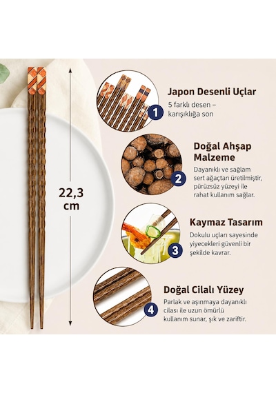 Valkyrie 5 Çift Ahşap Japon Yemek Çubuğu Seti Kutulu 22,4 Cm El Yapımı Sushi Chopstick
