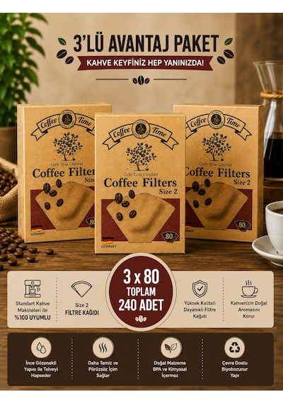 Kahve Filtre Kağıdı No:2 80'li 3'lü Paket Kahverengi