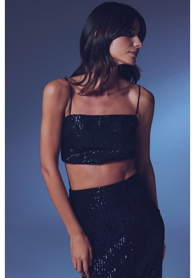 Sateen Askılı Payetli Crop Bluz - Siyah-135405 Siyah