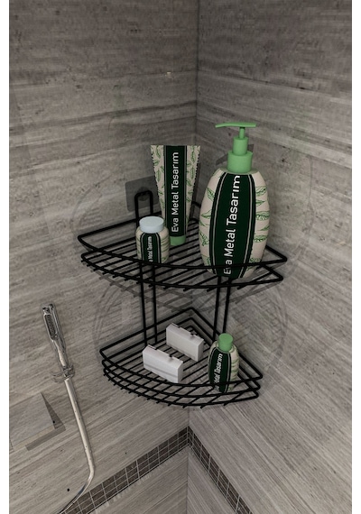 Corelle Kitchen Yapışkanlı 2 Katlı Banyo Köşeliği Köşe Rafı Duş Şampuanlık Duvar Düzenleyici Organizer Raf Siyah