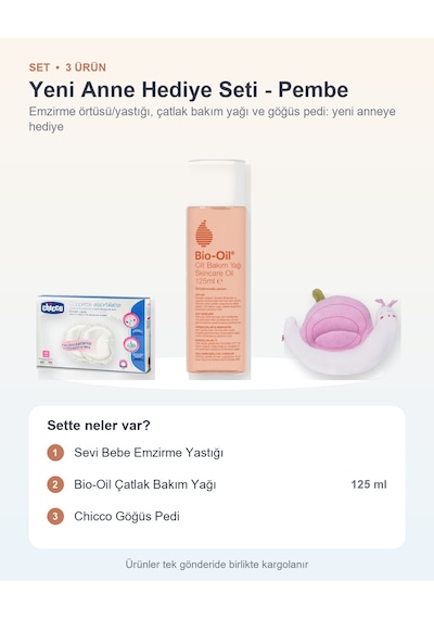 Yeni Anne Hediye Seti 3 Parça: Emzirme Yastığı + Çatlak Bakım Yağı + Göğüs Pedi - Pembe