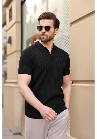 Siyah Polo Yaka Slim Fit Triko Erkek Tişört E7465 Siyah