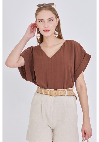 Armonika Kadın Açık Kahve V Yaka Yanları Yırtmaçlı Arkası Uzun Duble Kol Detaylı Oversize Bluz Arm-24y001074 Açık Kahverengi