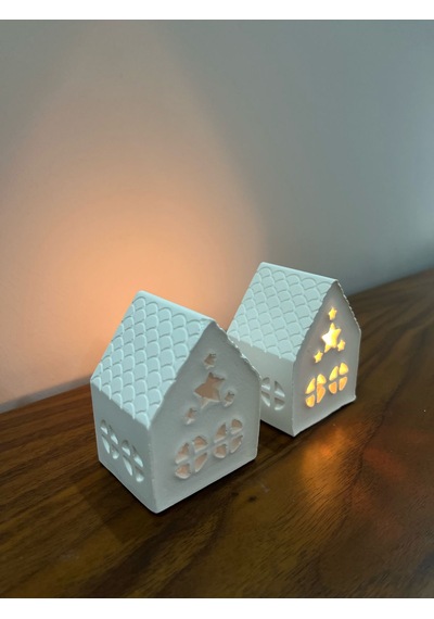Dekoratif 2 Li Ev Mumluk + 2 Adet Tealight Mum Taş Tozu Ev Dekoru Beyaz