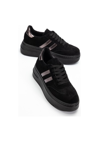 Bahrina Kadın Kalın Tabanlı Sneaker Siyah Süet Platin