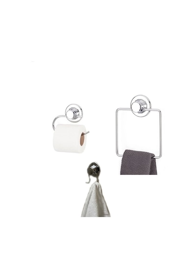 Hem Vantuzlu-vidalı Banyo Aksesuarı 3 Lü Set Kare Havluluk + Tuvalet Kağıtlığı + 2 Kancalı Havlu Askısı Gri