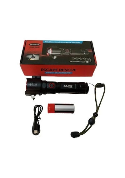 Şarjlı El Feneri Yüksek Güçlü Led Işık Usb İle Şarj Escape Rescue Antrasit