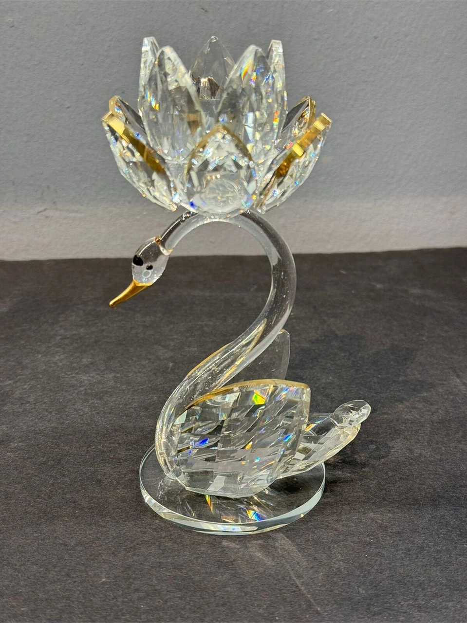 Dekoratif Kristal Cam Tekli Lotus Kuğulu Şamdan Gold