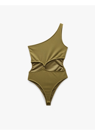 Koton Slim Fit Pencere Detaylı Tek Omuz Bodysuit Haki 5sak10031pk Haki