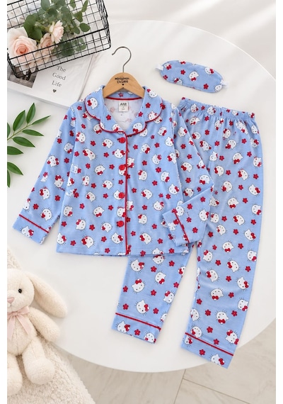 Minigimin Cicileri Desenli Göz Bantlı Kız Çocuk Mevsimlik Pijama Takımı - Mavi