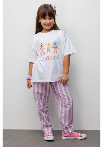 Le Mabelle Lila Hooray Baskılı Çizgi Desenli Çocuk Tişört Pantolon Takım - Edna Lila