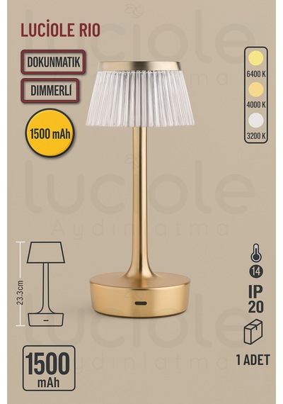 Ct-8434 Rio Dokunmatik Kontrollü, 3 Renkli Ve Dimmerli Şarjlı Masa Lambası - 1500 Mah Aydınlatma Gold
