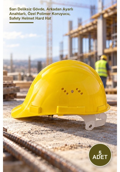 5 Adet İş Güvenliği Bareti Sarı Deliksiz Gövde, Arkadan Ayarlı Anahtarlı, Özel Polimer Koruyucu, Safety Helmet Hard Hat Diğer