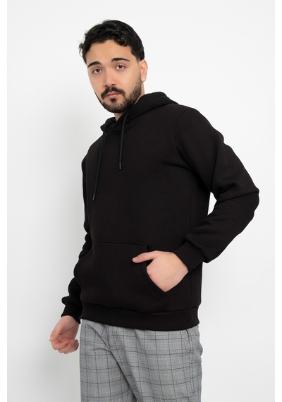 Dasüniforma Basic Baskısız 3 İplik Kapüşonlu Unisex Kanguru Cepli Kapüşonlu Sweatshirt Hoodie Sweat Siyah