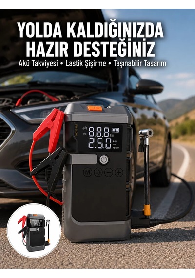 4'ü 1 Arada Taşınabilir Akü Takviye Ünitesi, Hava Kompresörü, Powerbank Ve Led Işıklı Oto Bakım Seti Mh-hs2184-5284