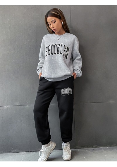 1898 Brooklyn Baskılı Bisiklet Yaka Gri Sweatshirt Ve Siyah Eşofman Altı Eşofman Takımı Gri
