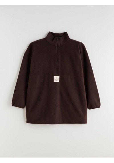 Lcw Modest Kahverengi Dik Yaka Nakışlı Polar Kadın Sweatshirt Tunik