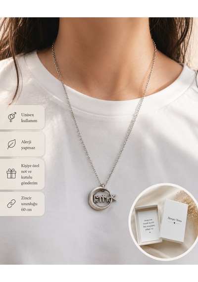 Göktürk Yazı Esintili Ay Yıldız Detaylı Metal Kolye Unisex Zincir Kolye Çok renkli