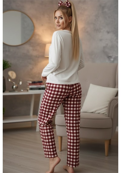 Siyah İnci Pamuklu Pijama Takımı 7681 Ekru Bordo Ekose