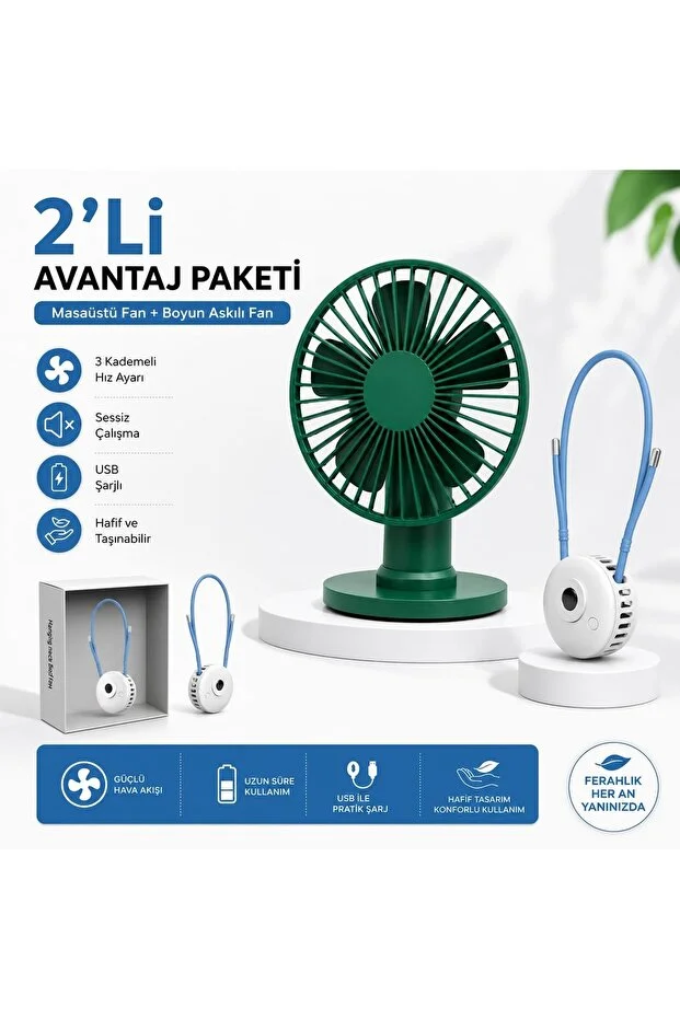 Vh Fan Masaüstü Taşınabilir Şarjlı Fan Vantilatör + Boyun Fanı