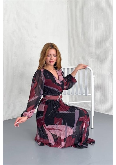 Neşeli Butik Kadın Kemerli Kruvaze Yaka Desenli Şifon Elbise Nbk20302 Bordo